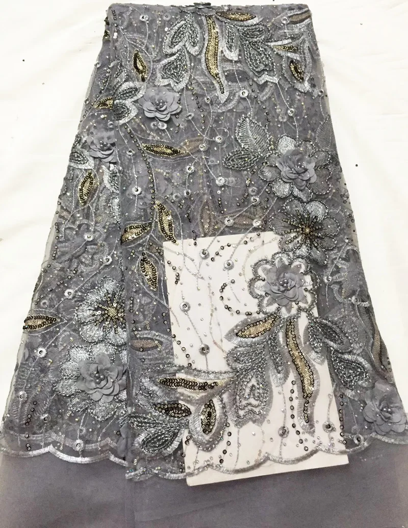 

(5yards/pc) embroidered French net lace grey African tulle lace fabric with beads stones and sequins for gorgeous dress FLC888