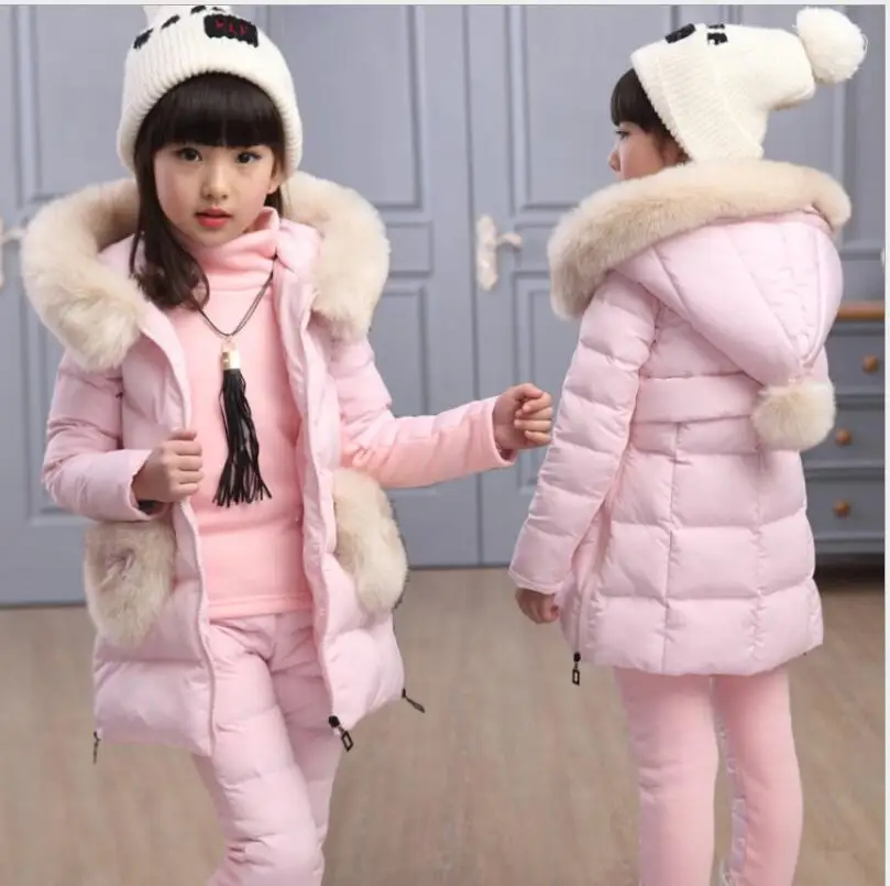 Зимние теплые комплекты одежды для детей, комплекты с курткой-пуховиком, жилет+ штаны+ куртка с капюшоном, кожаная куртка и пальто для маленьких девочек, 3 предмета