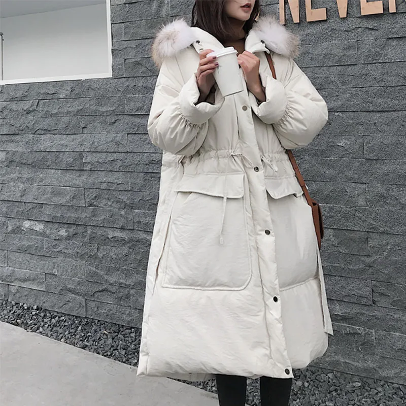 

Winter Jacket Women 2019 Real Raccoon Fur Collar 90% White Duck Down Long Parka Warm Jacket Female Hooded Loose Women Down Coat