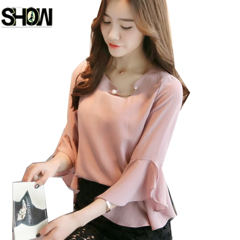 

3 Colors Flare Sleeve Blouses New Hot Fashion Women Cute Sweet Tops White Pink Shirt Ladies Elegant Office Work Chiffon Blouse