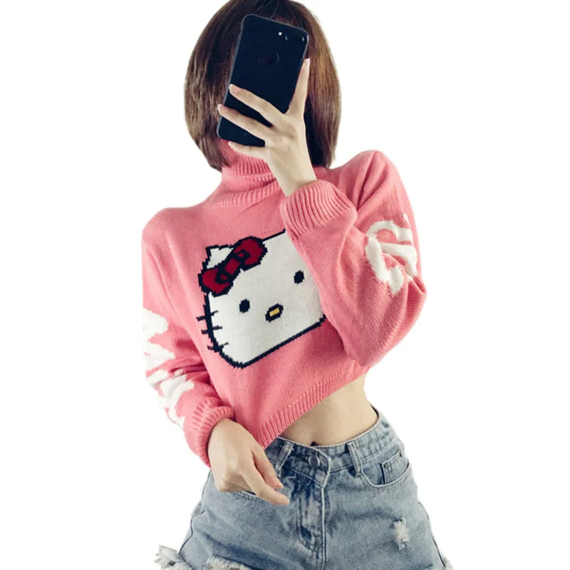 Cute Hello  Kitty  Cartoon Pattern Cropped Sweater  Women 