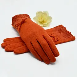 Шерсть кашемир теплые перчатки Для женщин Зимний Лук украшения кружева полный палец перчатки наручные Длина варежки женский Для женщин