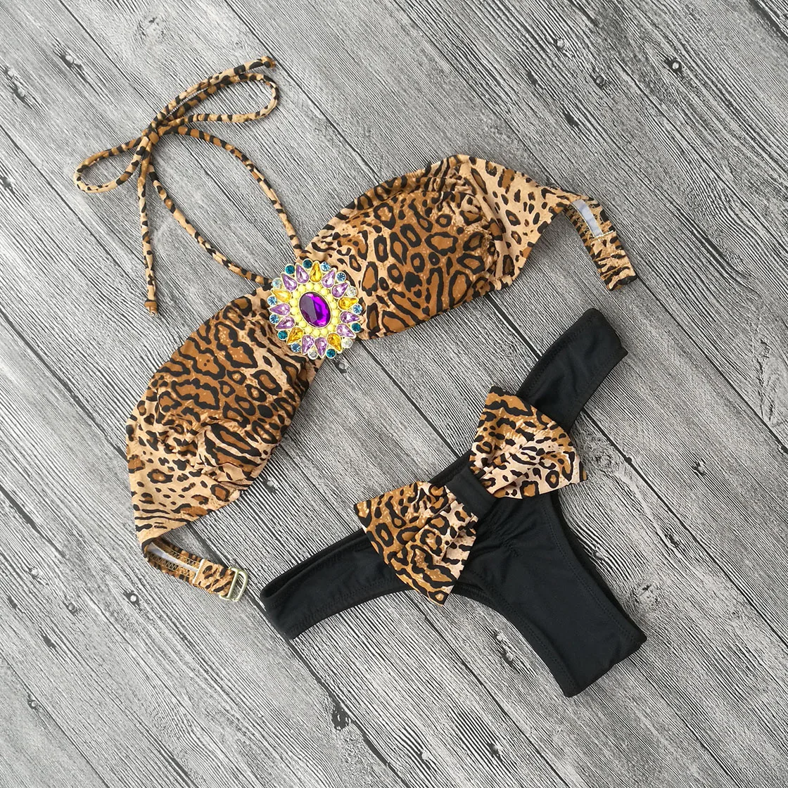 

Yellow Leopard Jewelry Diamond Secret Sexy Bikini for Women Swimsuit Biquini Black Thong Cheeky Bottom brazilian Bikinis set