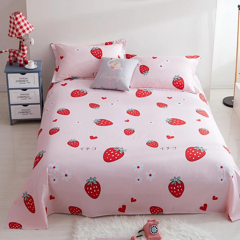 

2019 New Cartoon Red Strawberry Pattern 3Pcs Flat Sheet King Size Cotton Blend Printed Flat Sheets Bed Sheets With Pillow Covers