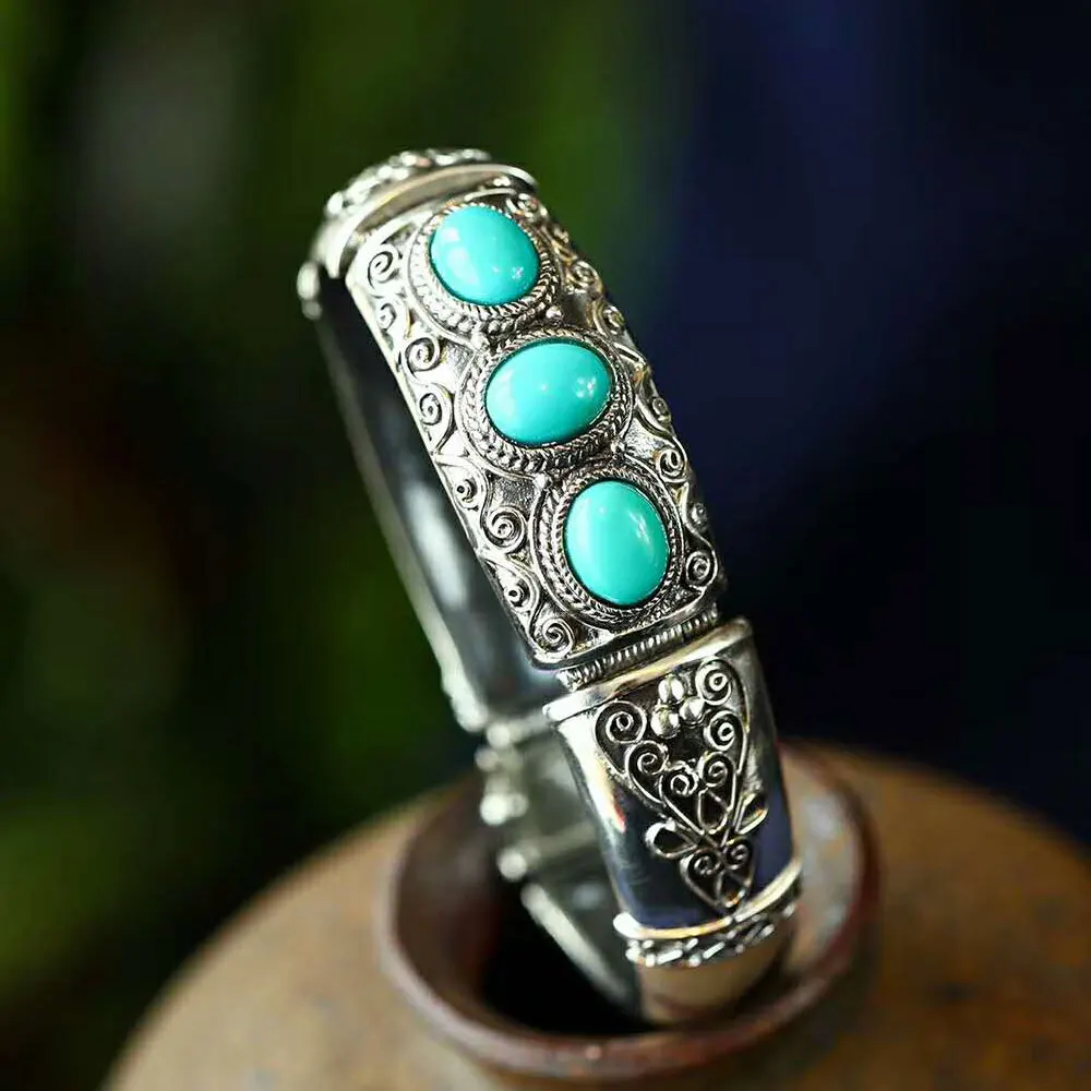 

RADHORSE 925 Silver Bangles for Women Fine Jewelry Turquoise Nepal style manual Production connection Live buckle Bangles