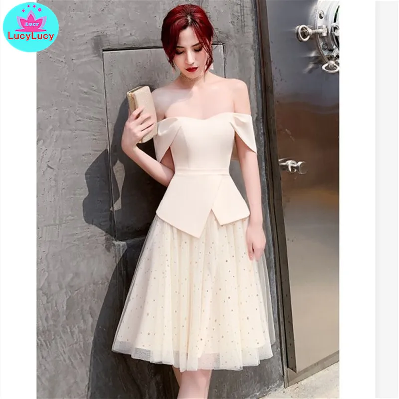 

2019 new banquet temperament elegant birthday party sexy word shoulder dress female Knee-Length Zippers