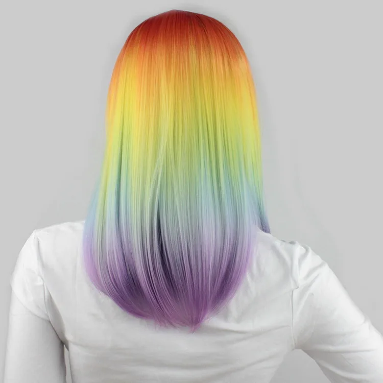 Yiyaobess My Little Pony Средние Длинные Прямые Цветные парики для женщин синтетические волосы Омбре косплей парик цвета радуги с челкой 40 см - Цвет: Многоцветный