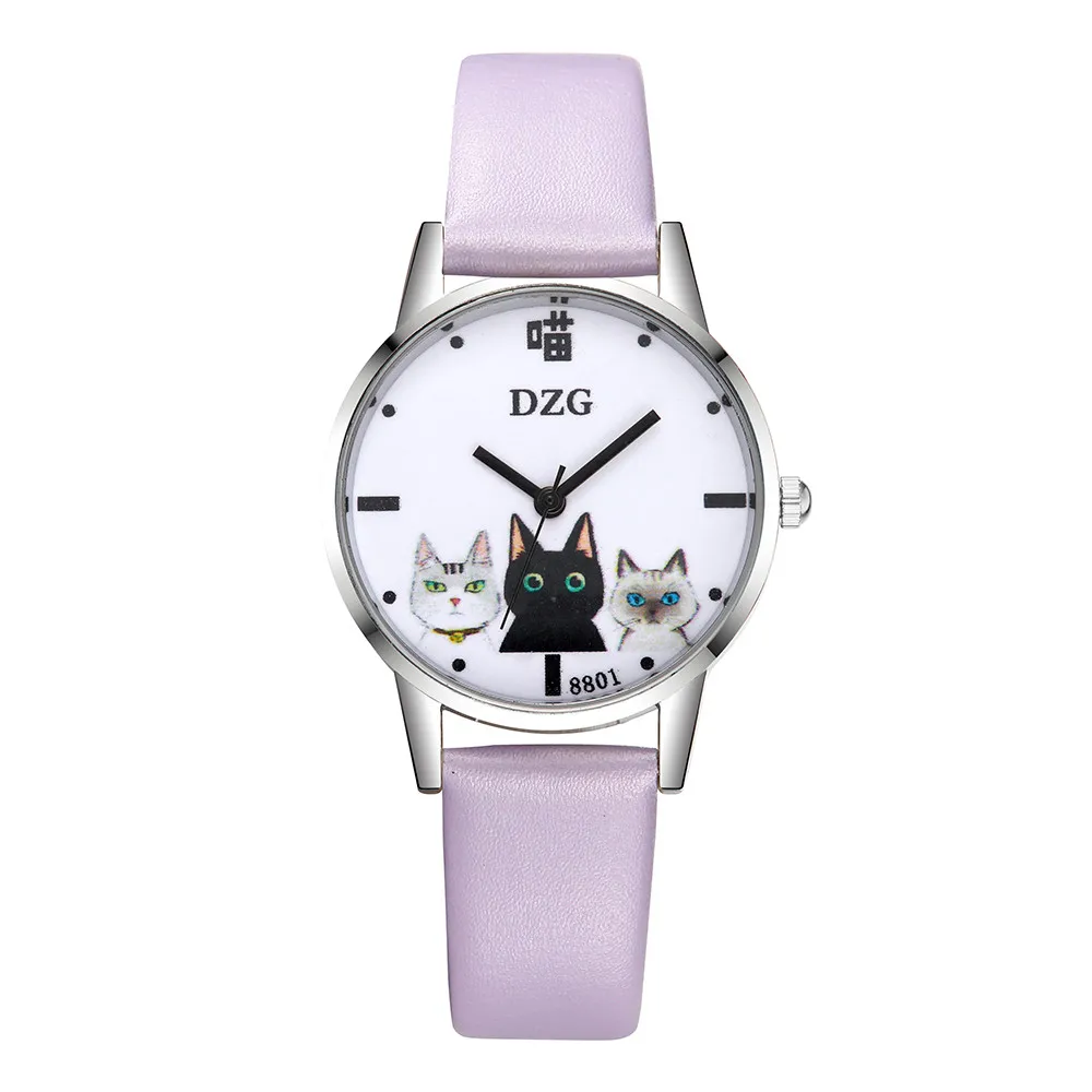 Женские модные часы с милым рисунком кота, цифровой циферблат, кожаный ремешок, Кварцевые аналоговые наручные часы, Reloj de dama Y501 - Цвет: Фиолетовый