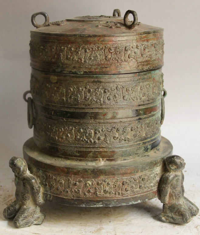 

song voge gem S2223 12" Old China Bronze 3 Foot Man Food Ware Water vessel Pot storehouse Warehouse