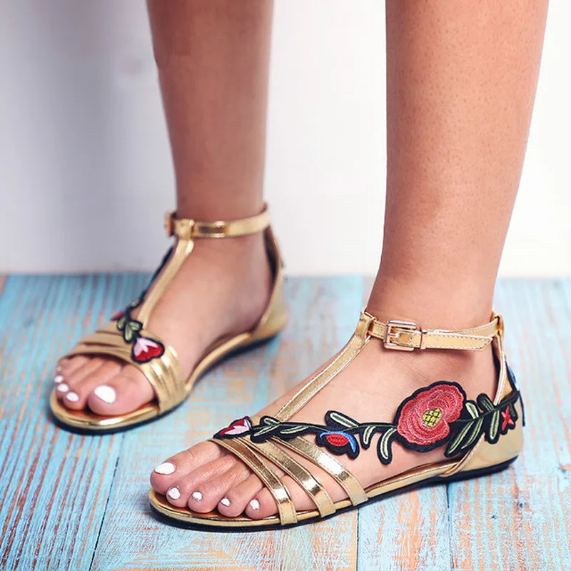 

Summer Sandals Women Embroidered Beach Shoes Golden Sandals Female T Strap Ankle Buckle Ladies Shoes Flower Sandalias Woman