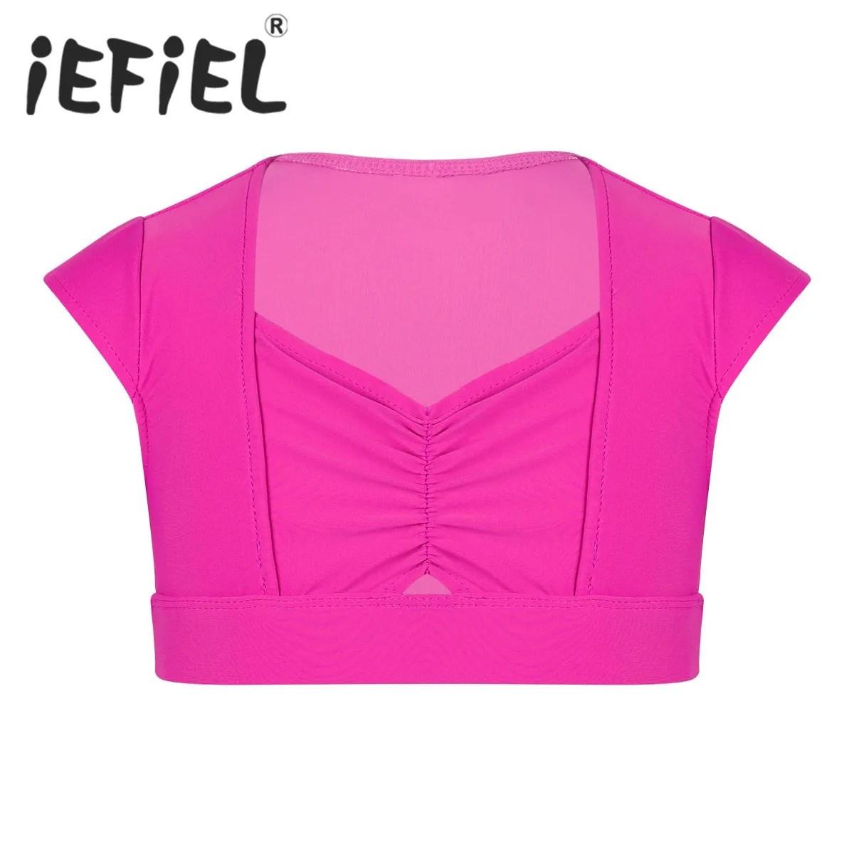 

New Arrival Kids Girls Children Teens Solid Color Cap Sleeves Pinched-Front Crop Top for Ballet Dance Stage Performance Workout