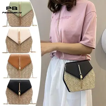 

Hexagon Mulit Style Straw+leather Handbag Women Summer Rattan Bag Handmade Woven Beach Circle Bohemia Shoulder Bag bolsos mujer