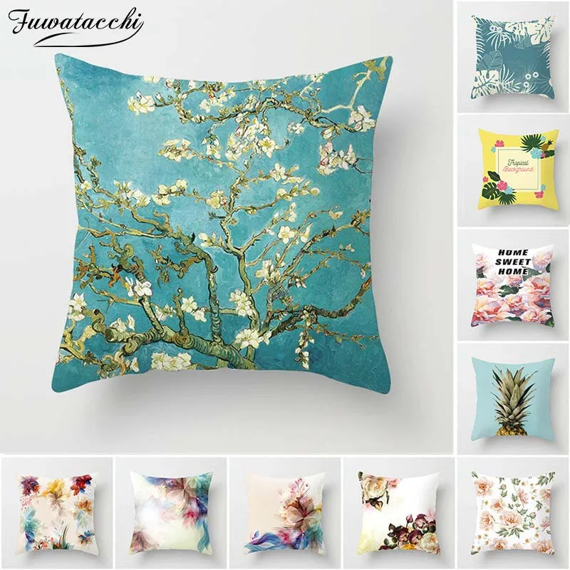

Fuwatacchi Watercolor Floral Printing Cushion Cover Leaf Flower Pillowcase For Cafe Car Sofa Bedroom Home Decor Pillows Cover