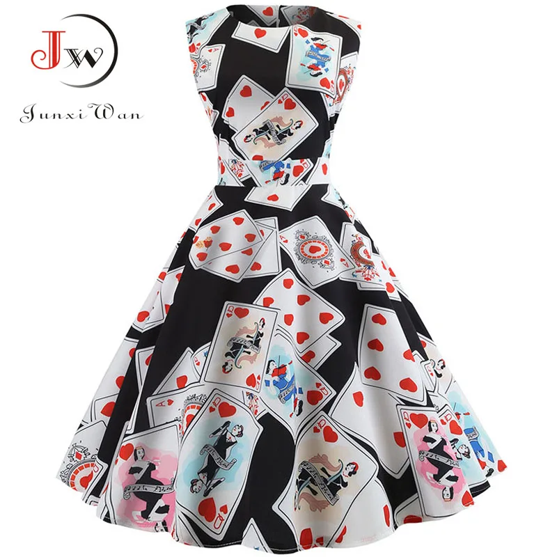 

Poker Print Elegant Party Midi Dresses Robe Femme Summer Women Vintage Big Swing Hepburn Rockabilly Dress Casual Plus Size
