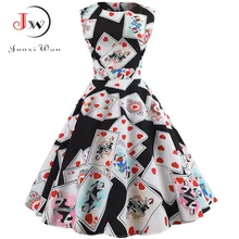 Poker baskı zarif parti Midi elbiseler Robe Femme yaz kadın Vintage büyük salıncak Hepburn Rockabilly elbise rahat artı boyutu