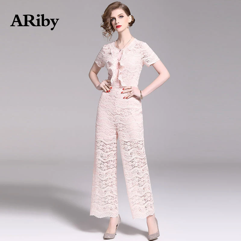 

Summer Wide Leg Jumpsuit 2019 New Fashion Office Lady Short-sleeved Lace Hollow Out Loose Solid Long Rompers Womens Jumpsuit
