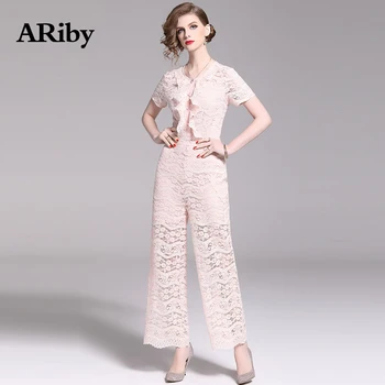 

Summer Wide Leg Jumpsuit 2019 New Fashion Office Lady Short-sleeved Lace Hollow Out Loose Solid Long Rompers Womens Jumpsuit