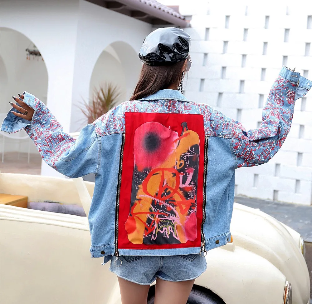 

Women High Street Graffiti Printed Denim Coat Novelty Spliced Long Sleeve Cardigan Casual Loose Autumn New Short Outerwear