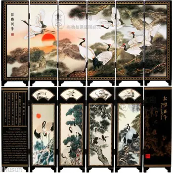 

Chinese Handmade Vintage Pine&Crane Wooden Lacquer Six Pieces Folding Screen