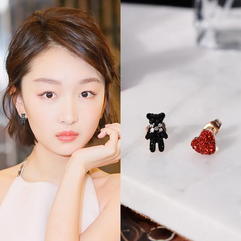 

YUN RUO 2018 New Arrival Fashion Sweet Bear Heart Stud Earring Rose Gold Color Woman Gift Titanium Steel Fine Jewelry Never Fade