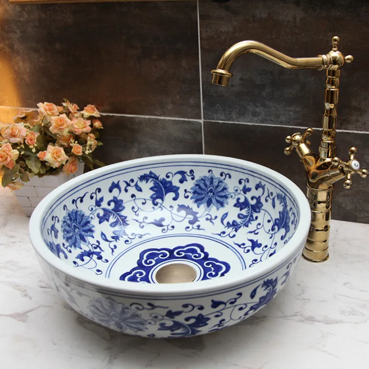 Blue And White Porcelain Bathroom Vanity Sink Bowl Blue And White China Painting Wash Basin Bathroom Vessel Sinks Counter Top Color Art