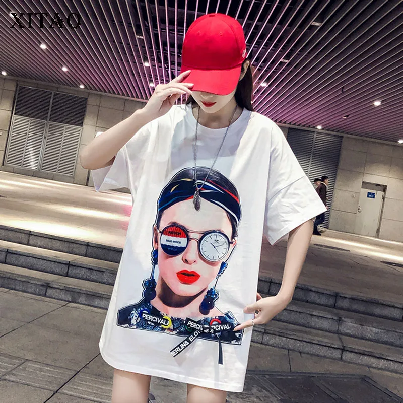 

[XITAO] New Women Korea Fashion 2019 Summer O-neck Short Sleeve Loose T-shirt Female Print Character Pattern Casual Tee ZQ1132