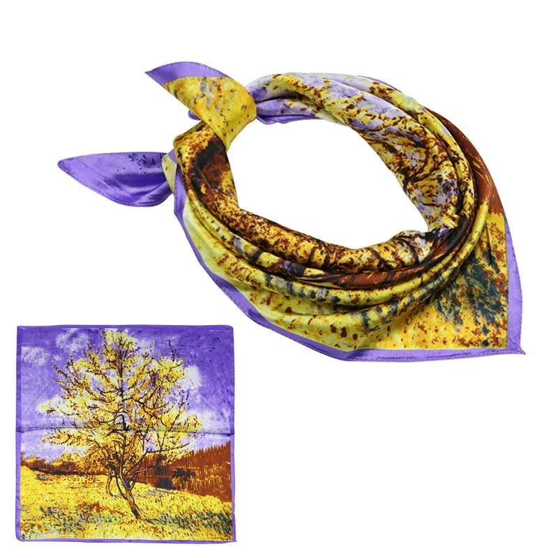 

60x60CM Oil Painting Print Small Square Scarf For Women Spring Autumn Female NeckerChief Bandana Fashion Silk Scarves & Wraps