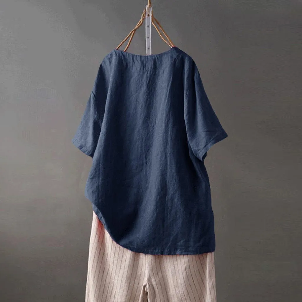 المؤنث بلوزة قميص القطن و الكتان زائد حجم التطريز س الرقبة زر عارضة بلوزة قمم Blusas موهير دي مودا 2019 قميص