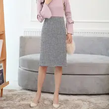 Nueva falda de otoño invierno 2018 para mujer, Falda de tubo con corte en la cintura, Falda Midi pata de gallo, faldas ajustadas Vintage de talla grande para mujer