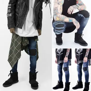 

2017 Men's Ripped Skinny Biker Jeans Patchwork Hole Destroyed Frayed Slim Mid Waist Fit Denim Pants
