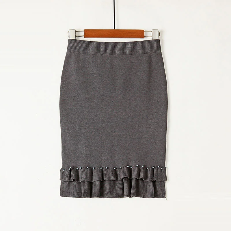 ShejoinSheenjoy Split Ruffles Hem Knitted Midi Women Skirt Beading High-Waist Autumn Winter Skirts Womens Bodycon Students Skirt (6)