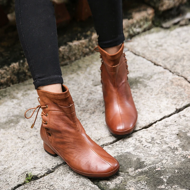 

Ankle Boots Real Leather Handmade Women' s Short Booties Lace Up Female Heel Boots Durable Retro Lady Shoes