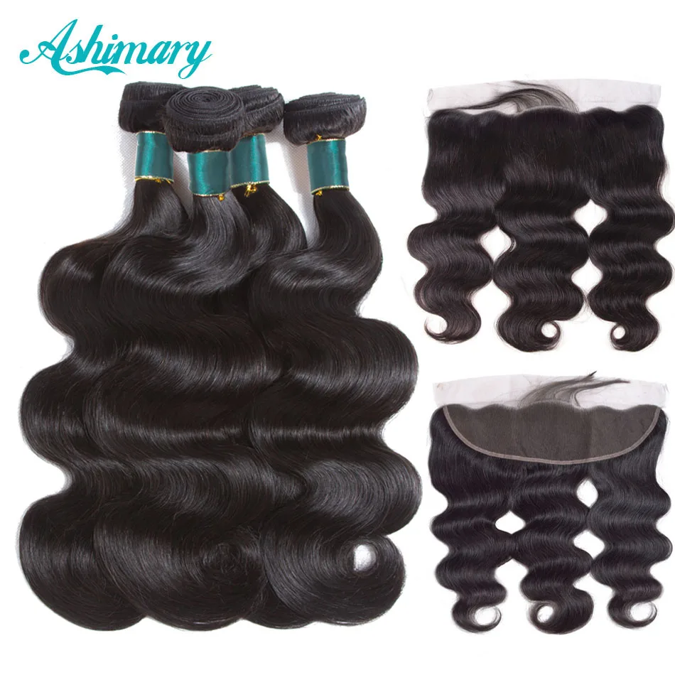 Ashimary Lace Frontal Closure with Bundles Brazilian Body Wave with Frontal Closure Remy Human Hair 3/4 Bundles with Frontal