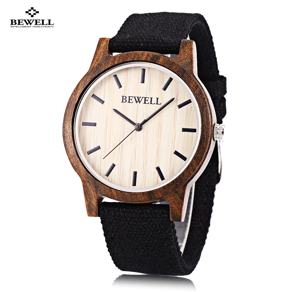 Bewell Wooden Quartz Watch Men Women Canvas Band Japan Movt Wristwatch