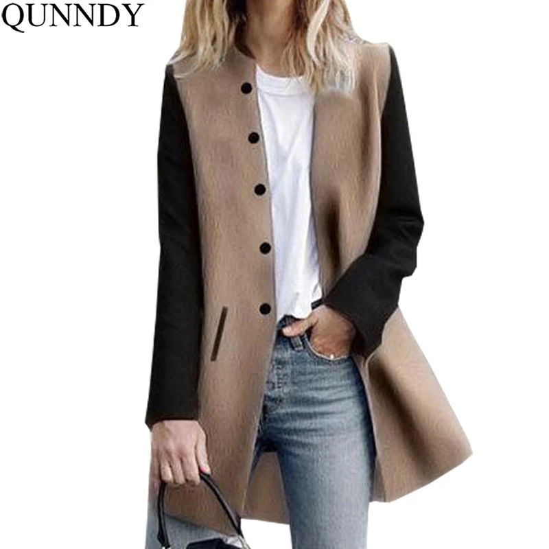 

Color Splicing Long Sleeve Warm Winter Long Coat Women Turndown Stand Collar Button Pocket Overcoat Female Casual Autumn 2017