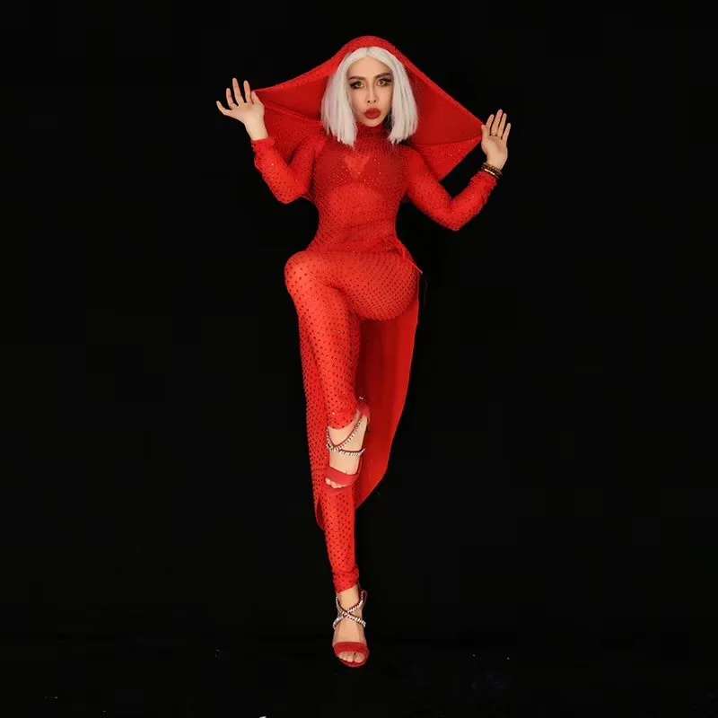 

2019 Sparkly Red Crystals Jumpsuit Costume Women's Sexy Stretch Bodysuit Show Nightclub Bar Female Singer Stage Dance Wear