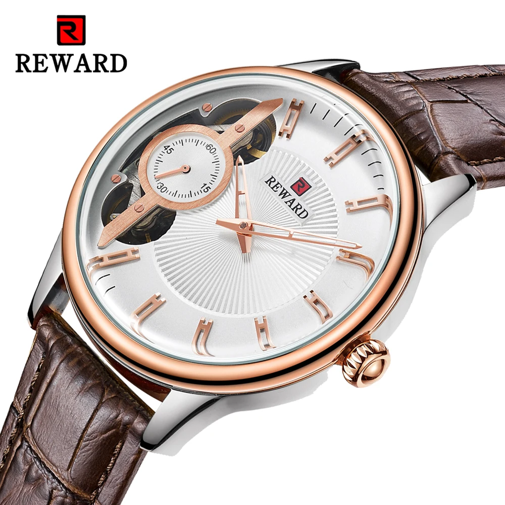 

REWARD Skeleton Mechanical Watch Men Classic Rose Gold Leather Mens Automatic Wrist Watches Waterproof Reloj Hombre dropshipping