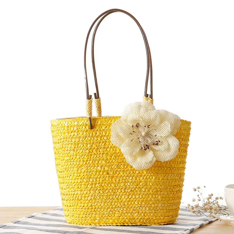 Women Straw Bags Female Summer Beach Handle Bag INS Popular Lady Flower Weave Basket Travel Casual Shopping Shoulder Bag SS3104 (2)