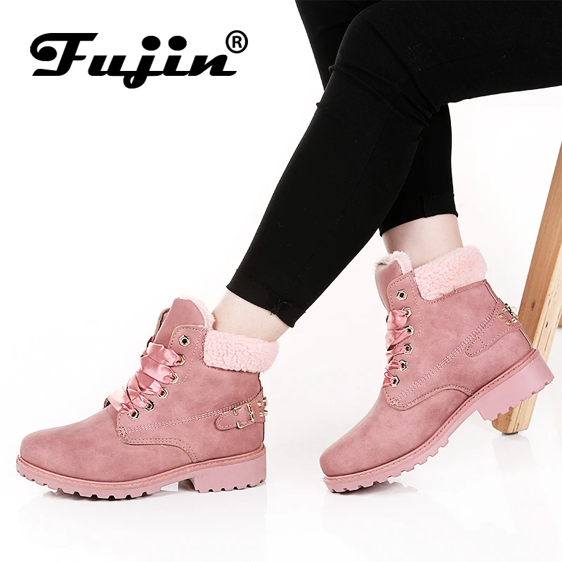 Acheter Fujin Nouveau Rose Femmes Bottes à lacets Solides Casual Bottines Chaussons 11.11 Bout Rond Femmes Chaussures hiver neige bottes chaud britannique
