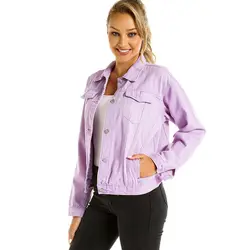 Lastest/фиолетовая Весенняя джинсовая куртка для женщин, большие джинсовые куртки с длинными рукавами, повседневные одноцветные пальто