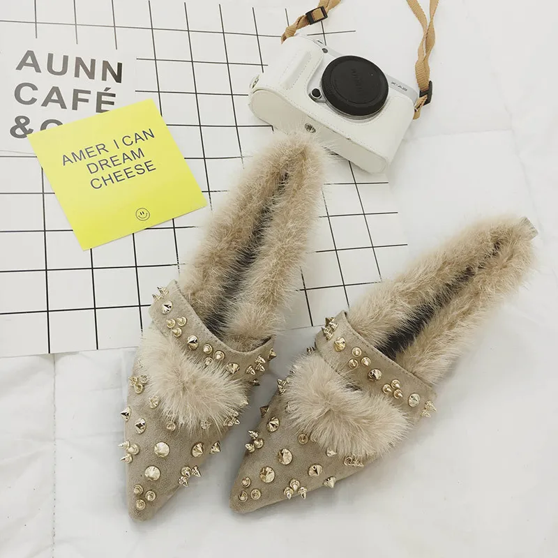 SWYIVY Shoes Flats Woman Fur Slip On Loafers Autumn 2018 Woman Flats Velet Revit Vintage Shoes Point Toe Winter Warm Shoes Flat