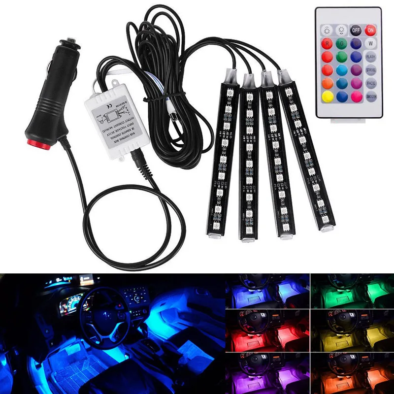 4Pcs 9 12 18LED Car Atmosphere font b Lamp b font Flexible Strips With Remote Control