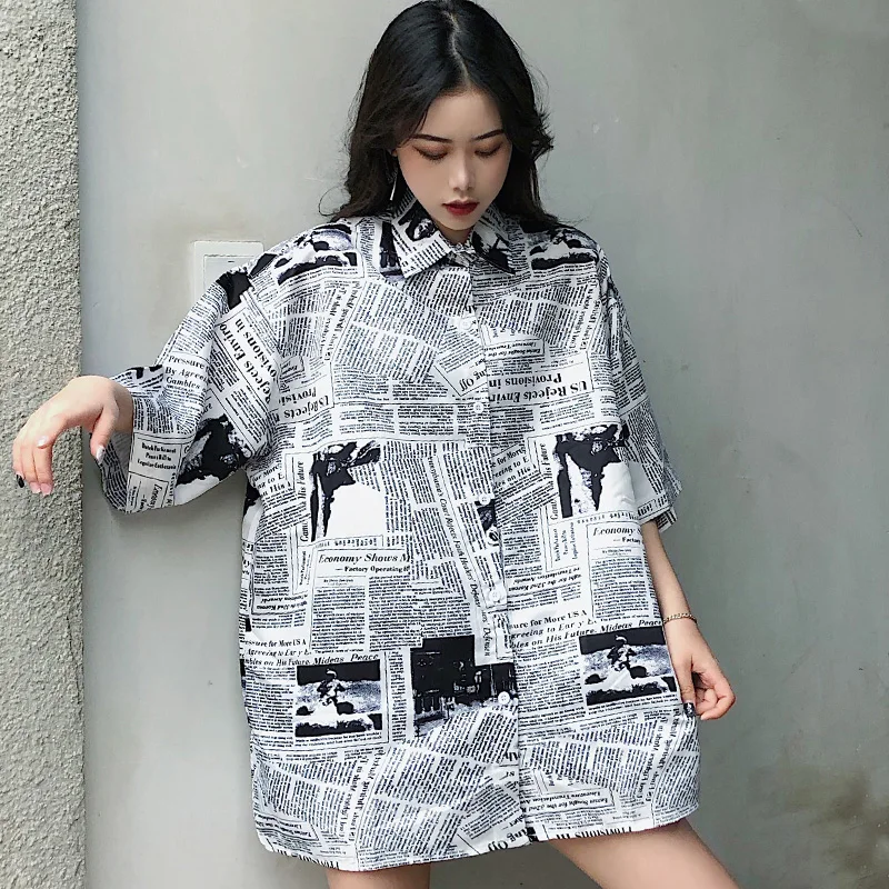 المتناثرة BF الصيف النساء البلوزات خمر طباعة عارضة المعتاد بلوزة قصيرة الأكمام رفض طوق قميص قمم للجنسين الشارع الشهير