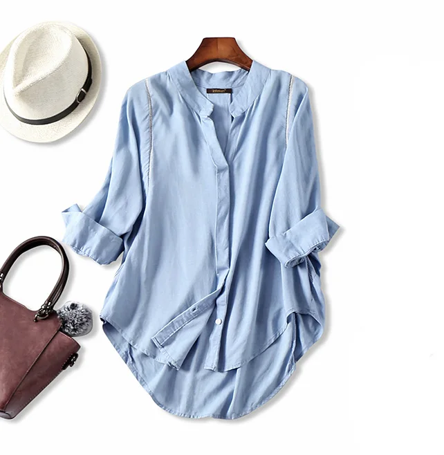 Для женщин осенняя блузка 50% хлопок 50% лен 3/4 с длинными рукавами белые блузки офис леди рубашка осень-зима светильник синий - Цвет: Light Blue