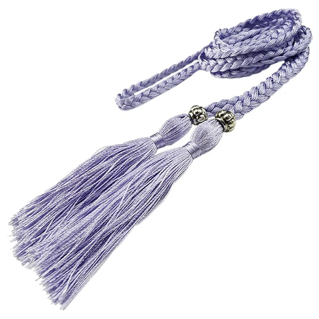 Women Waist Belt Rope Chinese Style Braided Woven Tassel Thin Belt Female Knot Decorated Waistband Hot Casual Solid Black Belts Light Purple