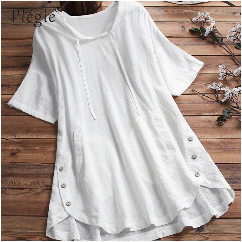 Plegie 2019 New Fashion Hooded T-Shirt For Women White Black Blue Plus Size Summer Short Sleeve Female T-shirt Tops With Pockets