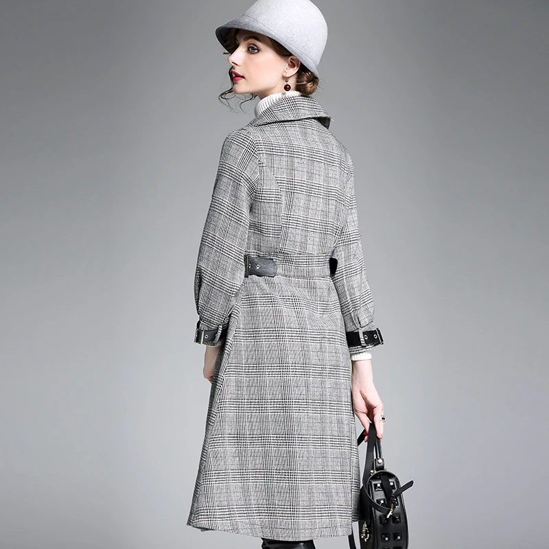 Ceinture Double Femme 2017 Manteaux Outwear Manteau Femmes Long 1 Automne Breasted Trench D'affaires Tranchée Nouveau Sl Hiver Plaid wq0xXz5