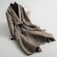 Новинка, модное шерстяное пальто, женское клетчатое двухстороннее пальто, длинное зимнее женское пальто с поясом, Manteau Femme F11267