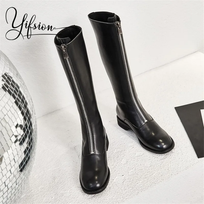 

OLOME Black Women Knee High Genuine Leather Motorcycle Boots Round Toe Front Women Autumn Winter Boots Shoes Woman