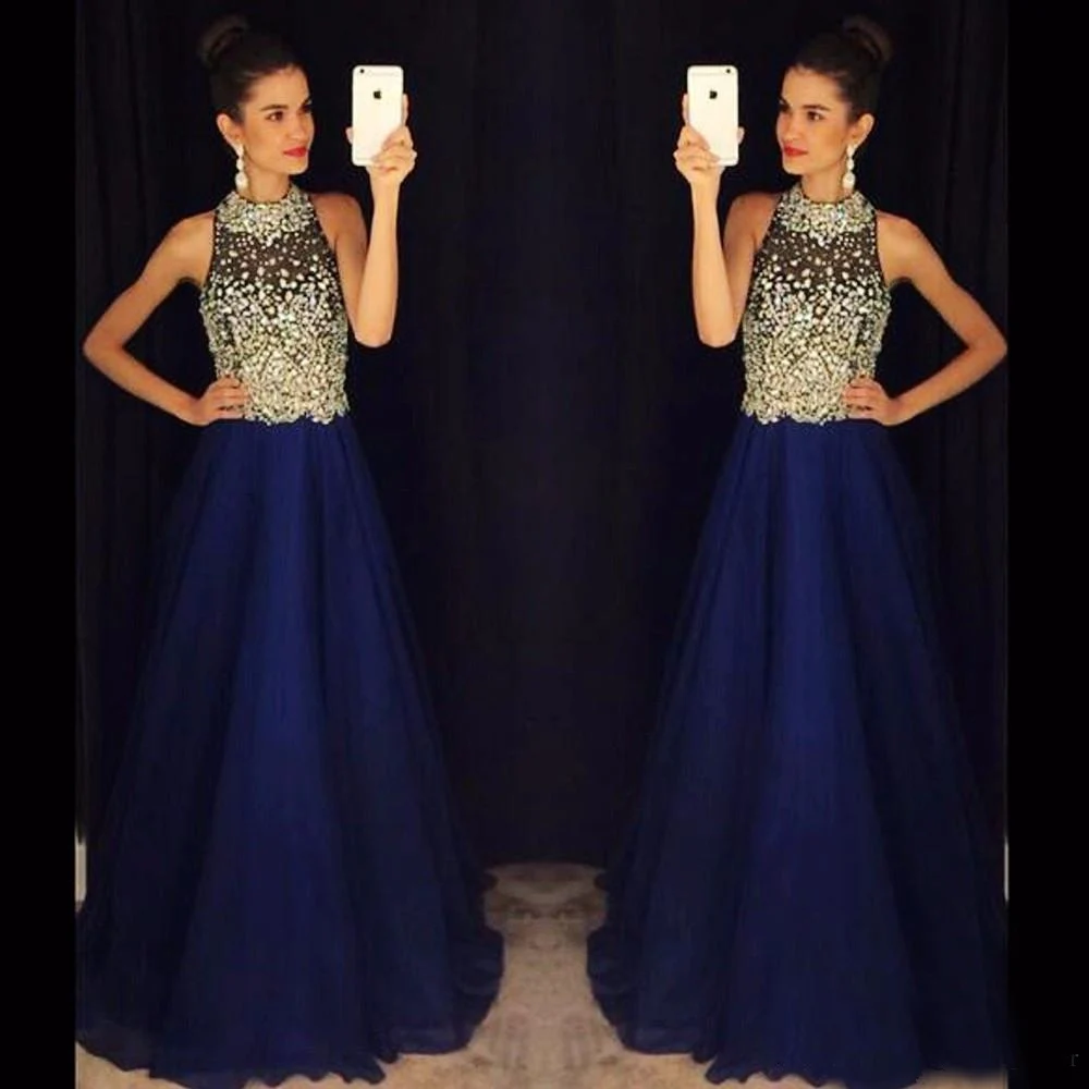 navy high neck prom dress